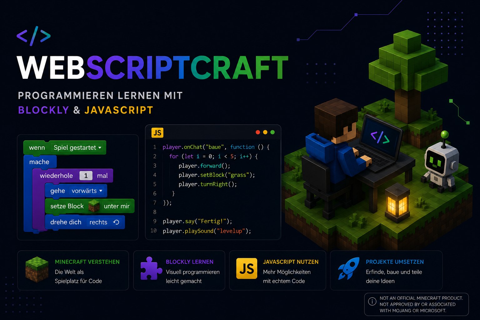 Meck Minecraft Workshop — Programmieren lernen mit Blockly & JavaScript.